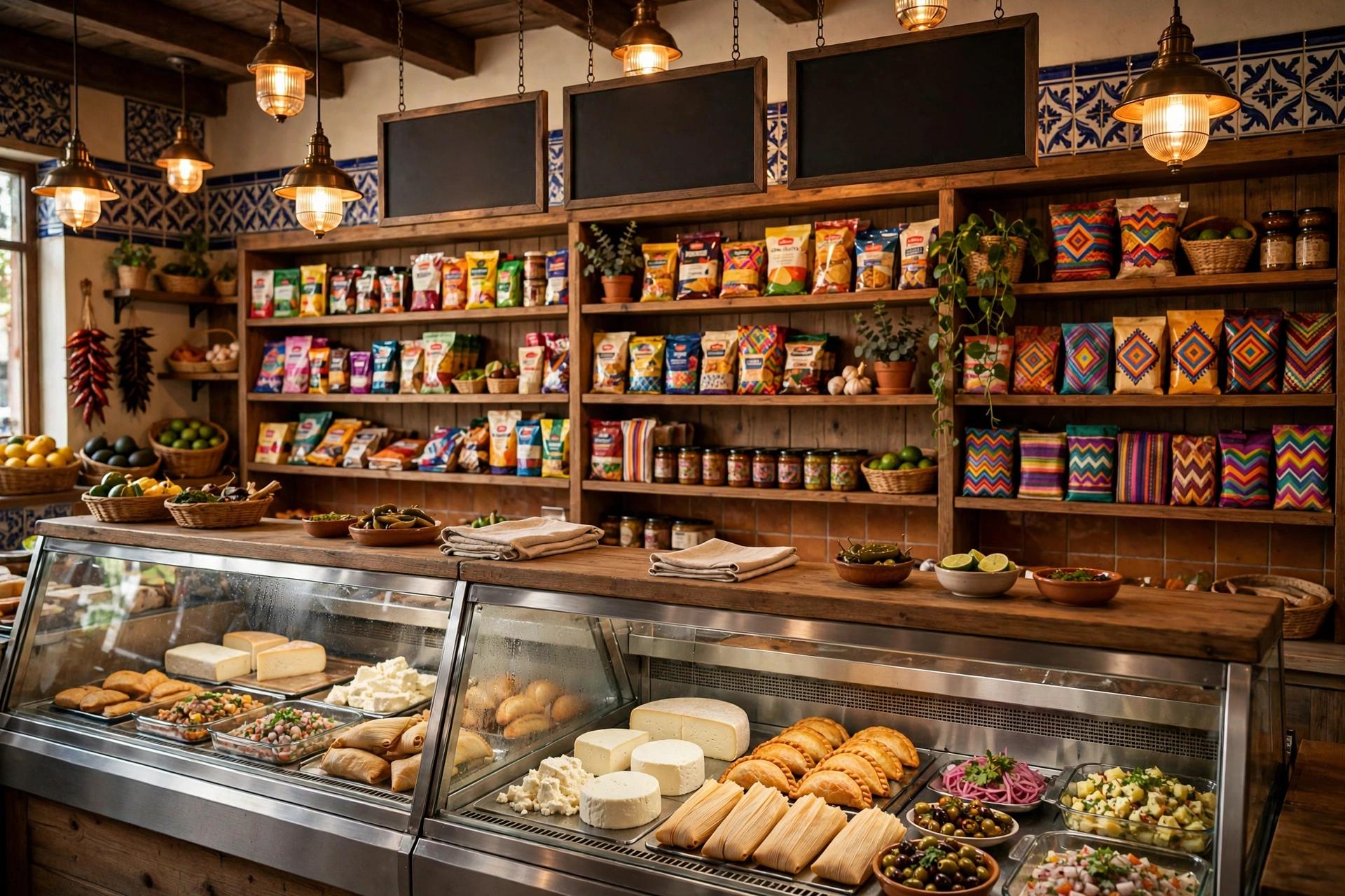 Warm interior of a Latin deli and grocery with a food display case, fresh cheeses and groceries